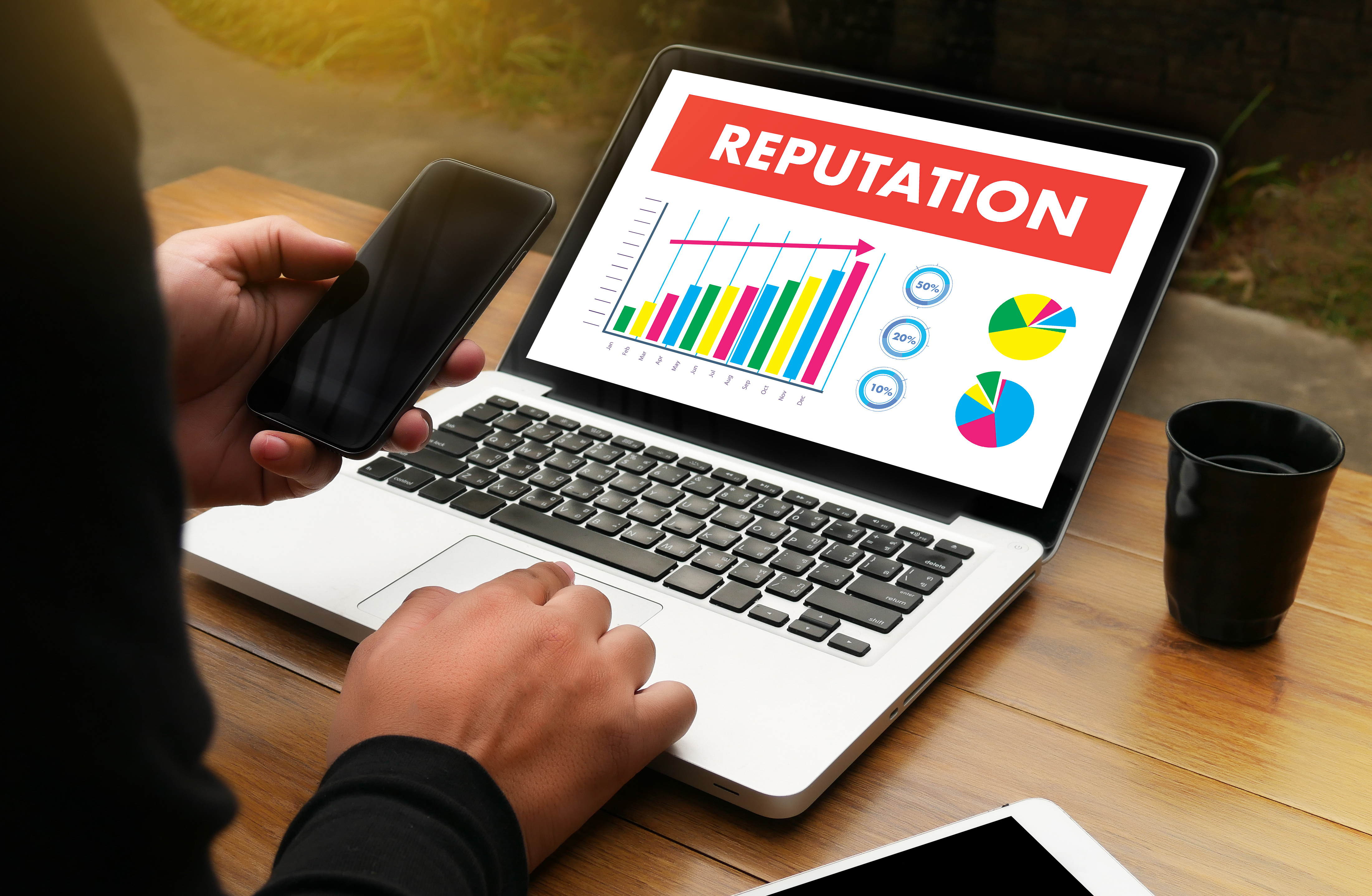 laptop screen with a rising bar chart and pie charts to show the increase of reputation 